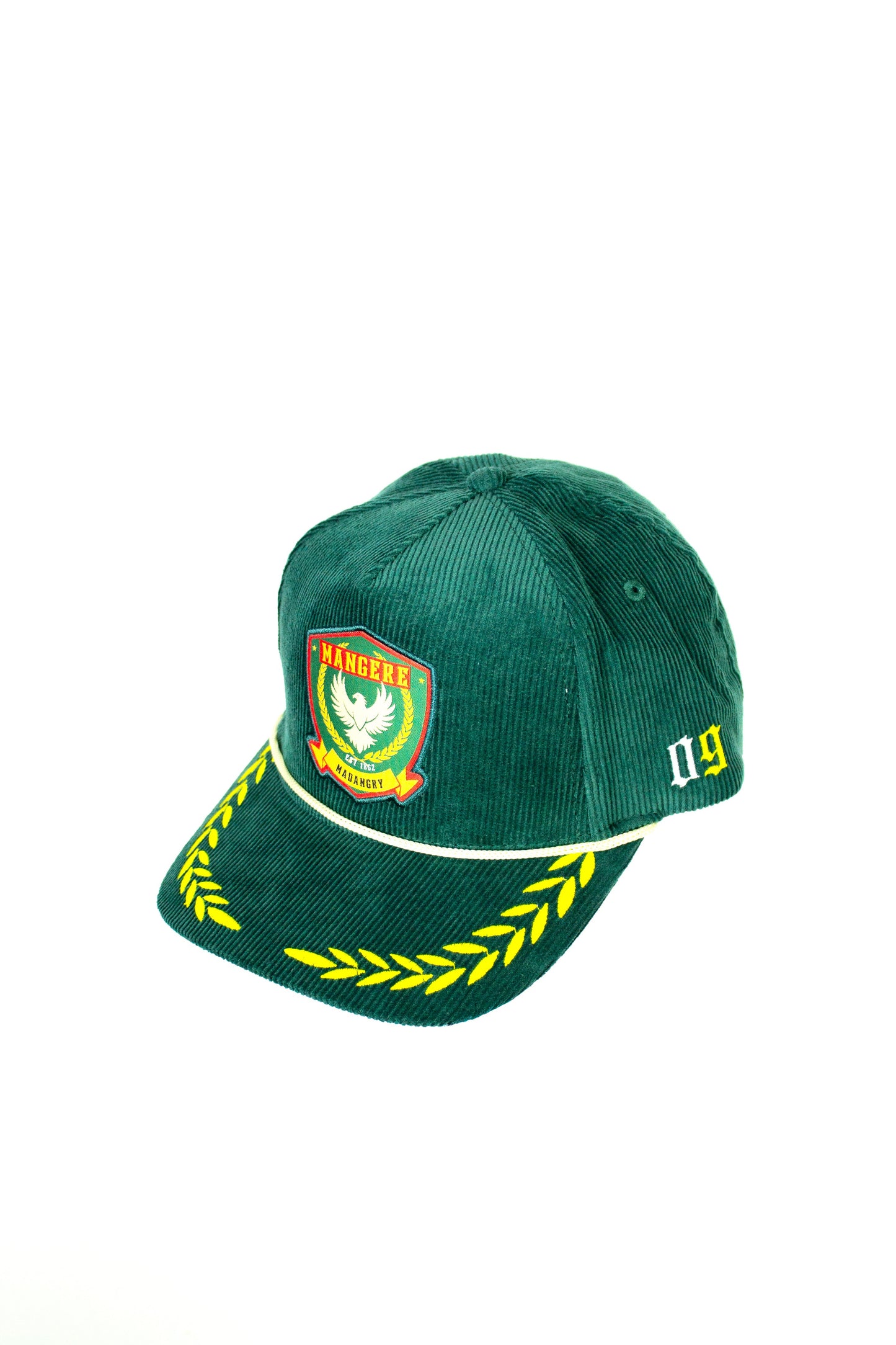 Green cap with embroidered logo and text on a white background